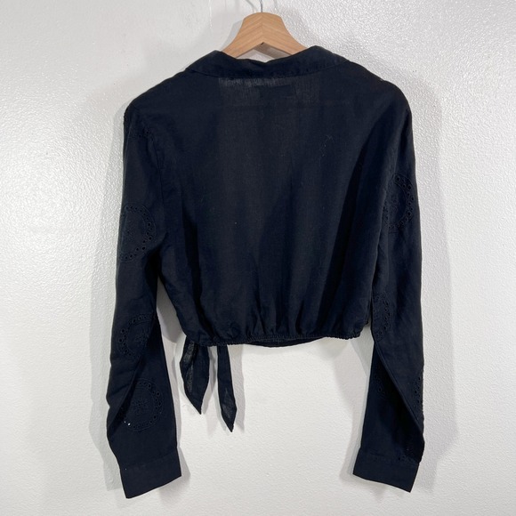 RACHEL ZOE Black Linen Blend Eyelet Wrap Cropped Long Sleeve Shirt Top Womens L - Picture 2 of 8